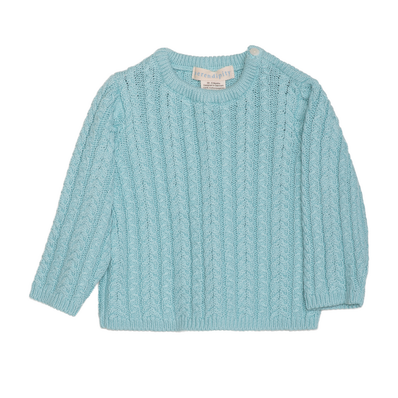 Light blue cable knitted sweater on a white background