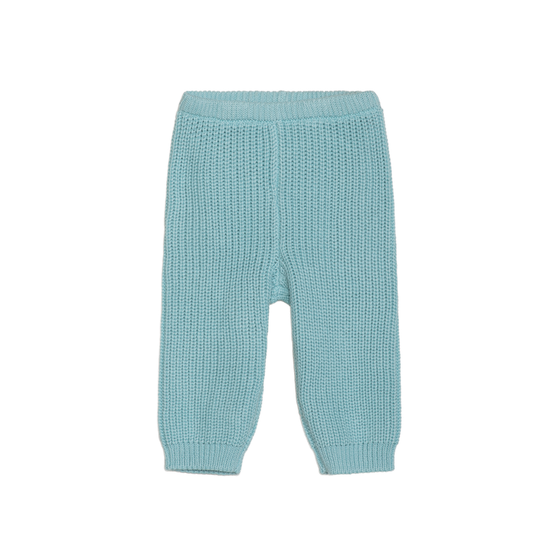 Light blue knitted baby pants on a white background