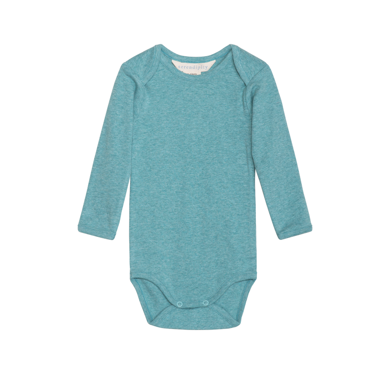 Teal baby bodysuit with long sleeves on a white background