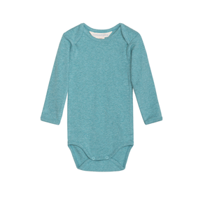 Teal baby bodysuit with long sleeves on a white background