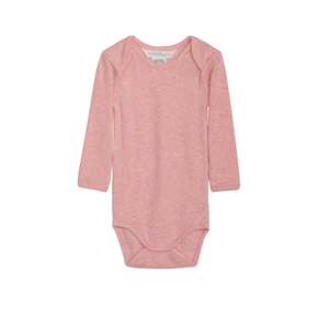 Pink baby bodysuit with long sleeves on a white background