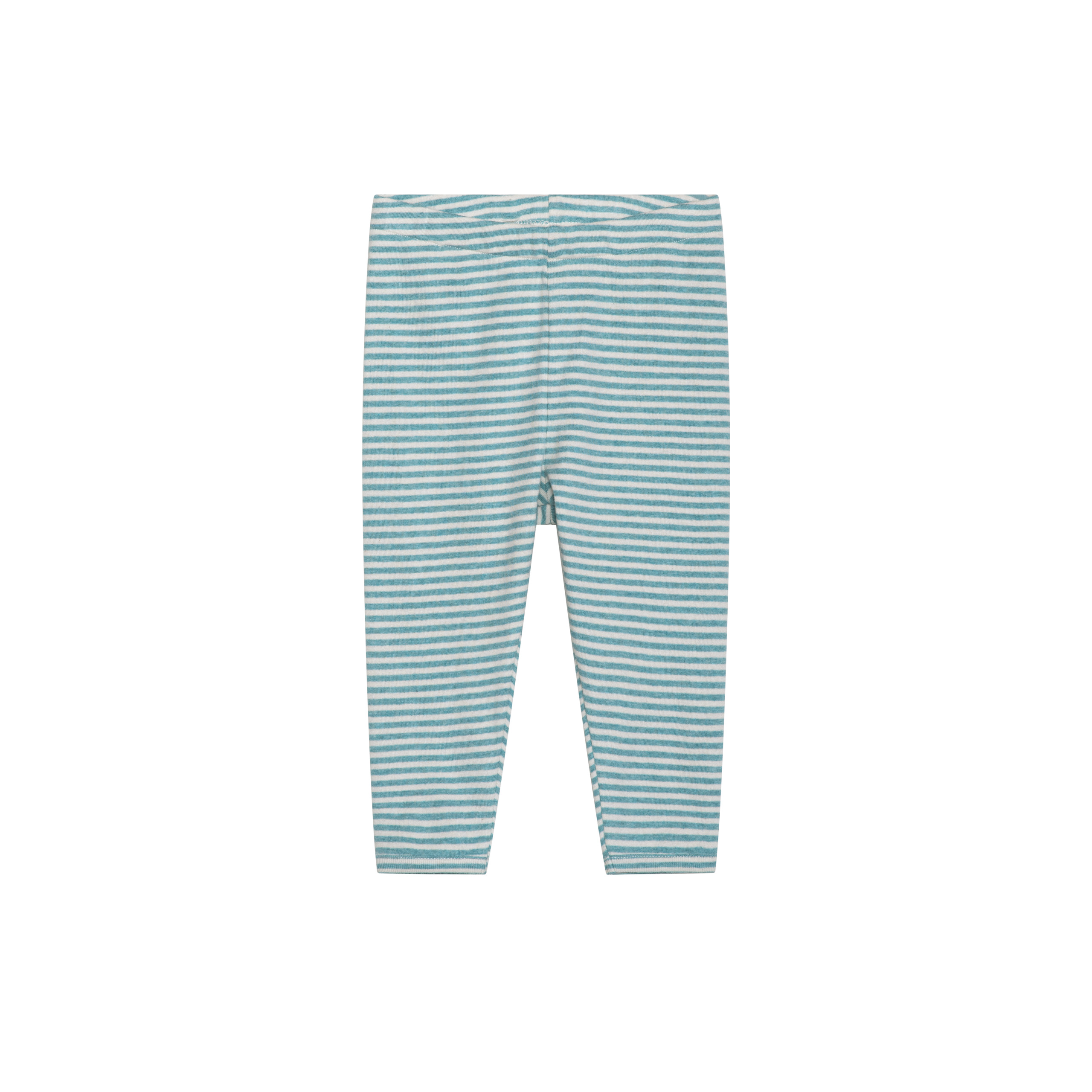 Teal and white striped leggings on a white background