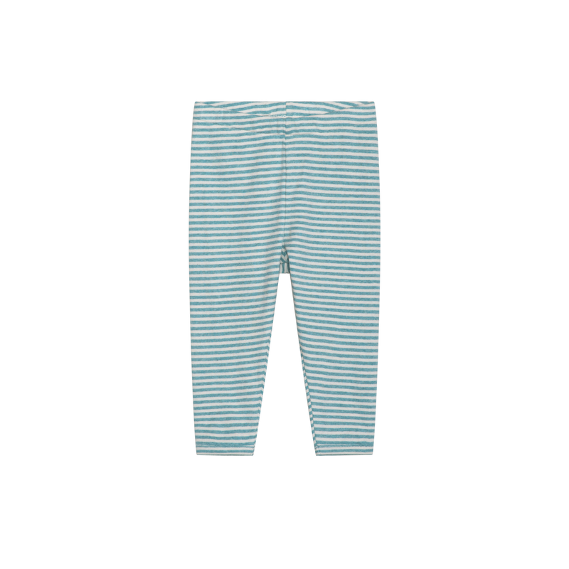 Teal and white striped leggings on a white background