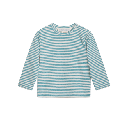 Teal and white striped long-sleeve shirt on a white background