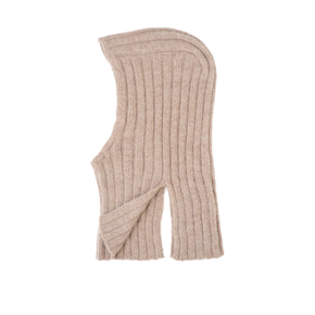 Beige knitted balaclava on a white background