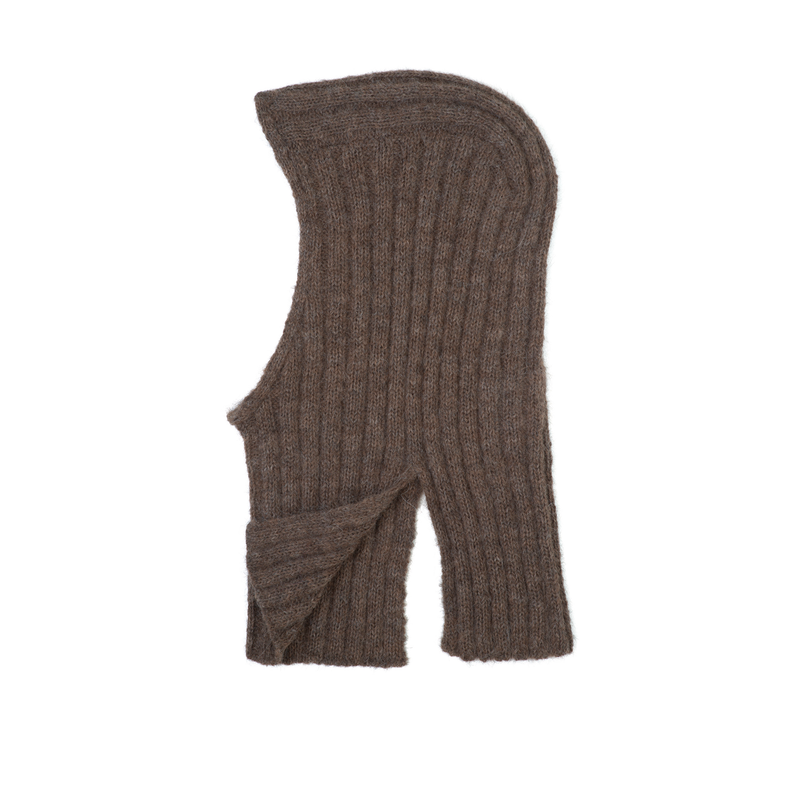 Brown ribbed knit balaclava on a white background