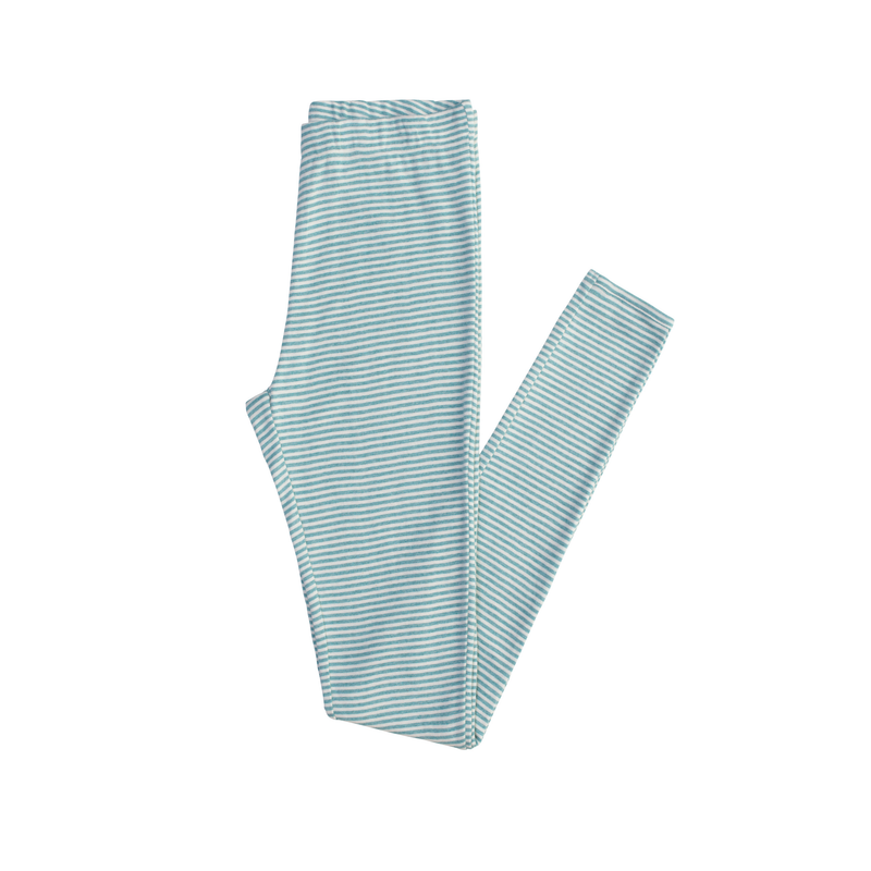 Pair of light blue and white striped leggings on a white background