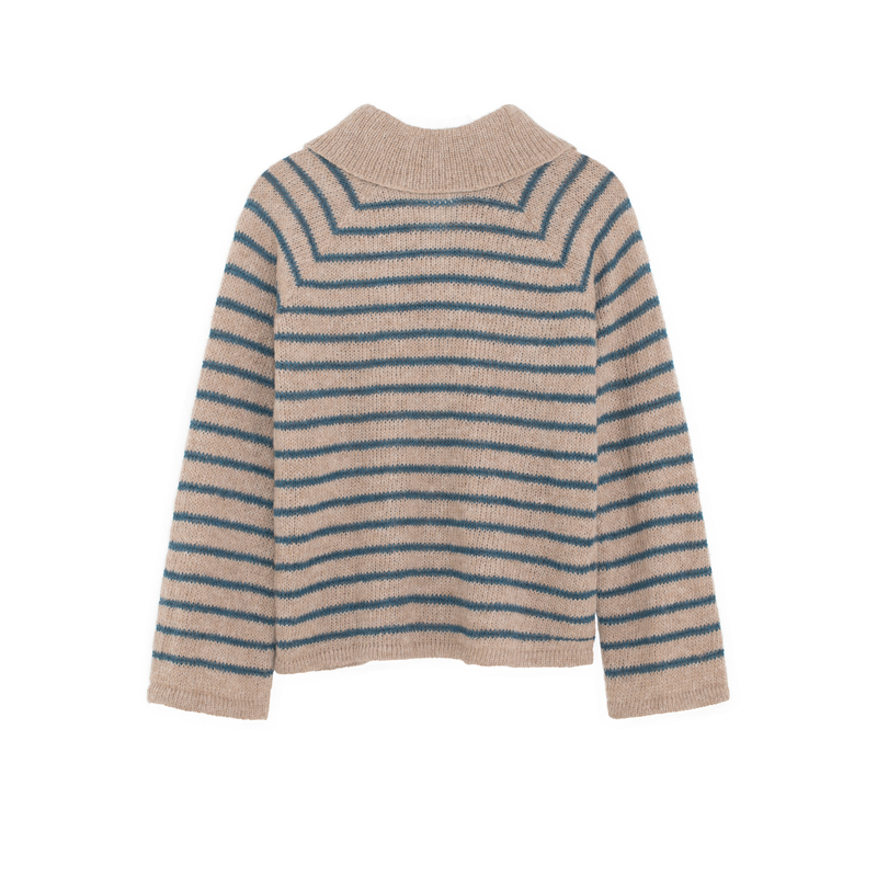 Beige and blue striped sweater on a white background