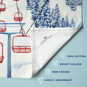 Tea towel with red ski lift image and Watercolor Wednesday label