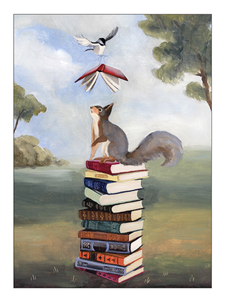 Card with a squirrel on a stack of books with a bird flying over, set against a scenic landscape.