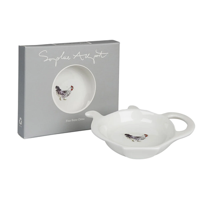A fine bone china tea tidy with a depiction of a speckled maran chicken in the center, resembling a teapot shape with handles on the sides. Comes in Sophie Allport packaging