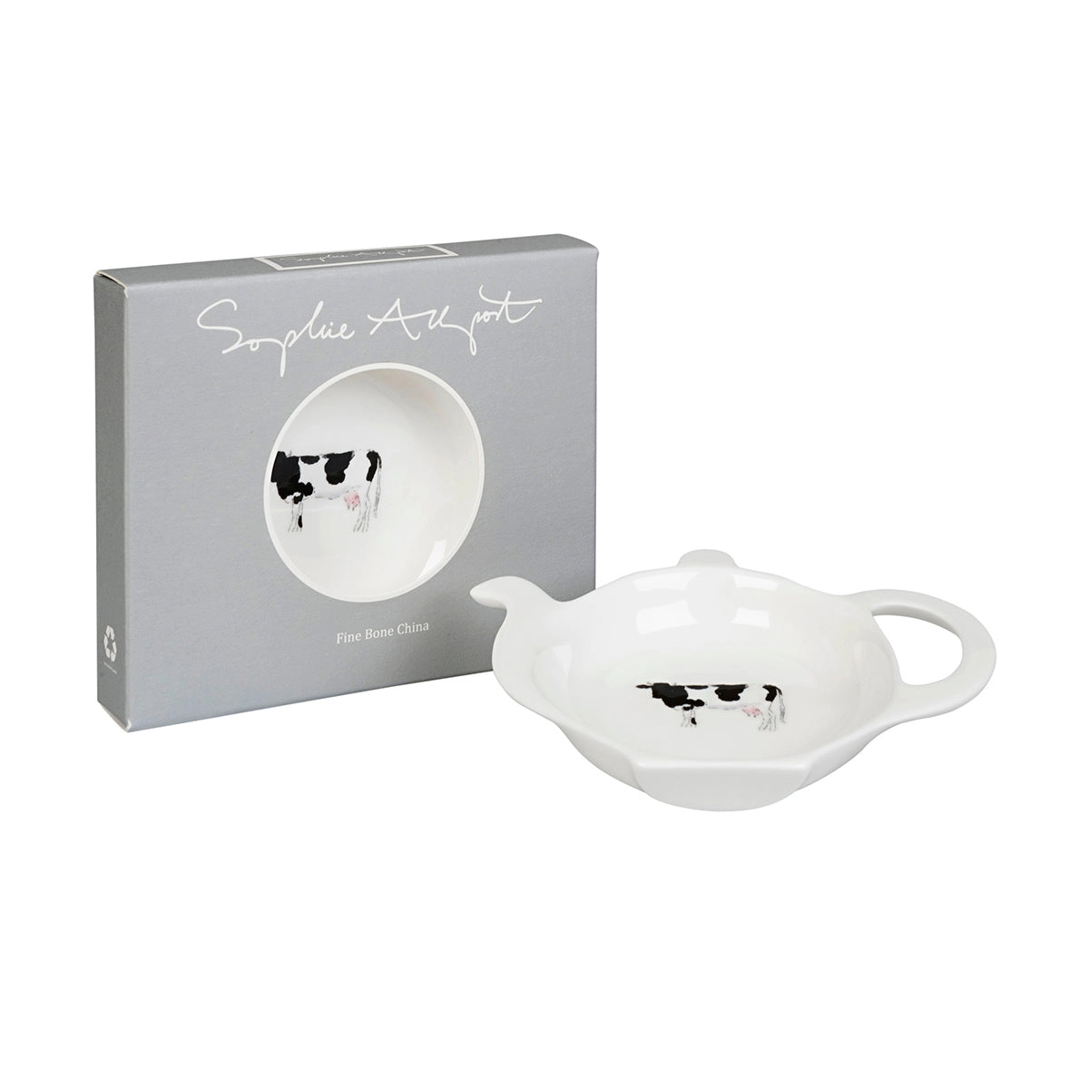 White teapot with cow design in a box labeled 'Sophie Allport' on a white background
