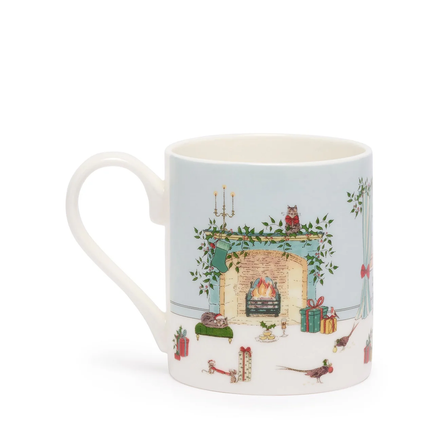 Mug with festive design of a fireplace and Christmas elements on a light blue background
