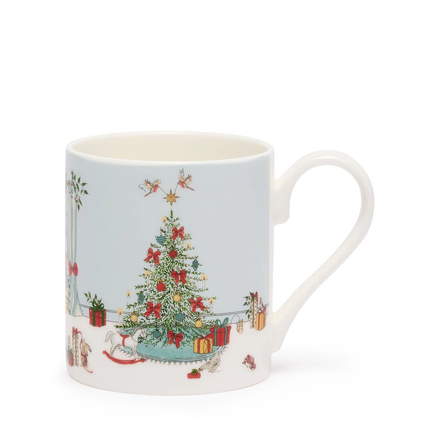 Mug with a Christmas tree and gift design on a light blue background