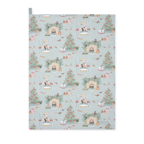 Christmas-themed tea towel with festive scenes on a light blue background