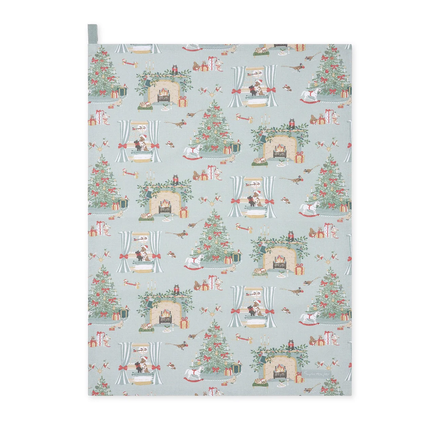 Christmas-themed tea towel with festive scenes on a light blue background