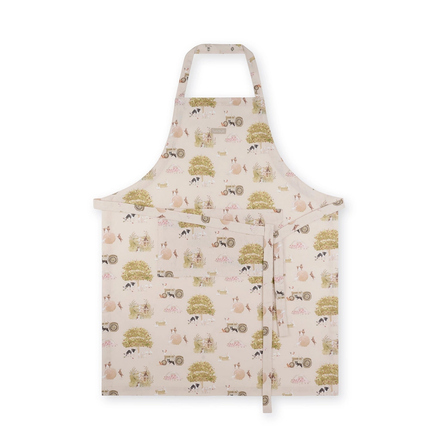 Kitchen apron with farm-themed design on a white background