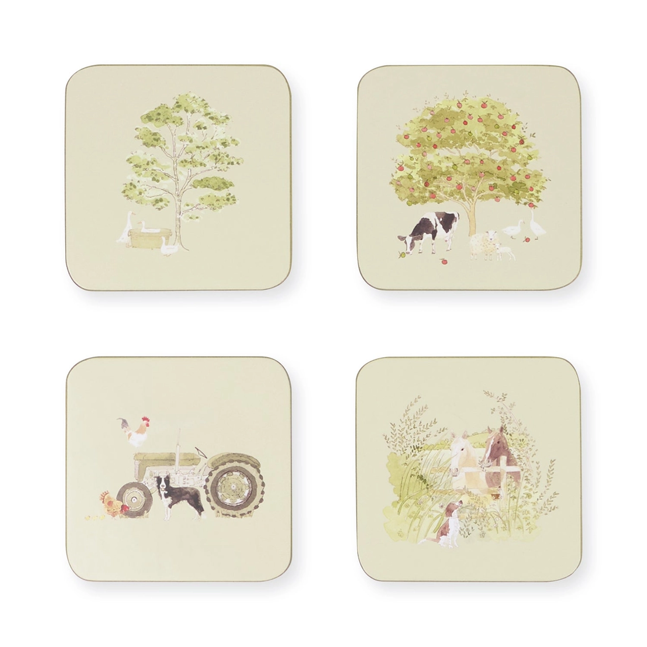 Set of four square coasters with farm-themed illustrations on a white background