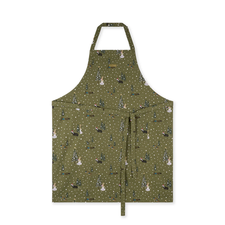 Green apron with nature-themed pattern on a white background