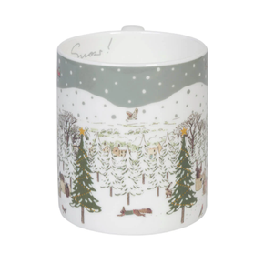 China mug with a winter scene design on a white background