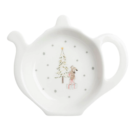 White ceramic tea bag holder with Christmas design on a white background