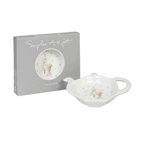 White teabag holder with decorative design in a Sophie Allport box on a white background