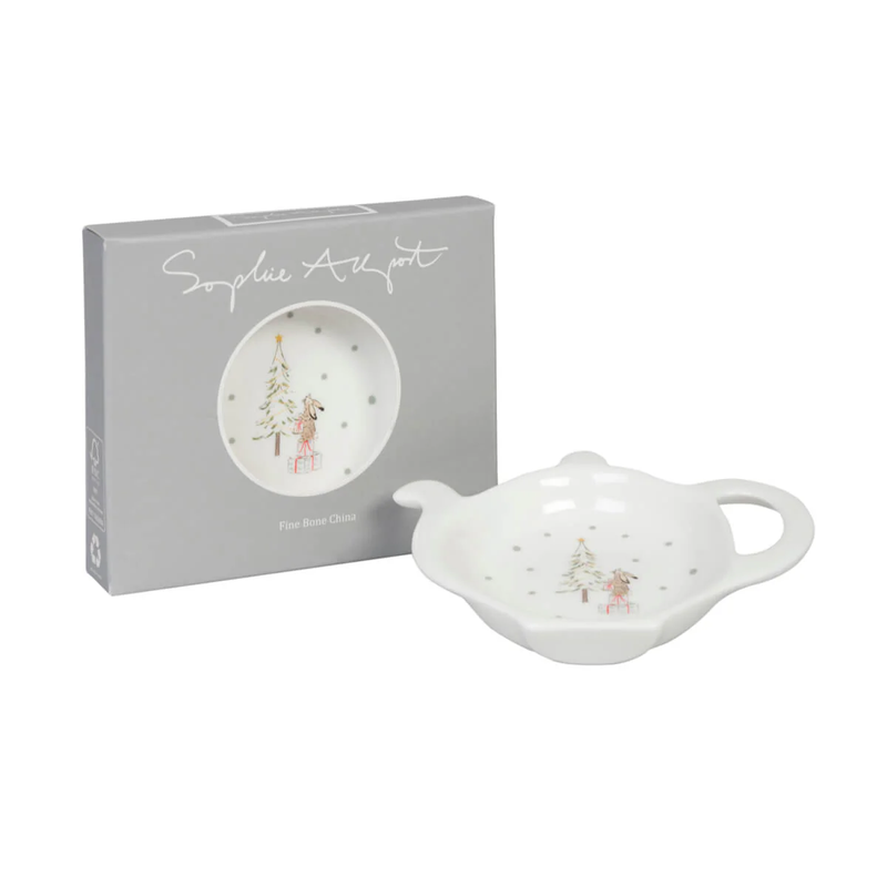 White teabag holder with decorative design in a Sophie Allport box on a white background