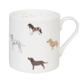 White mug with dog illustrations on a white background