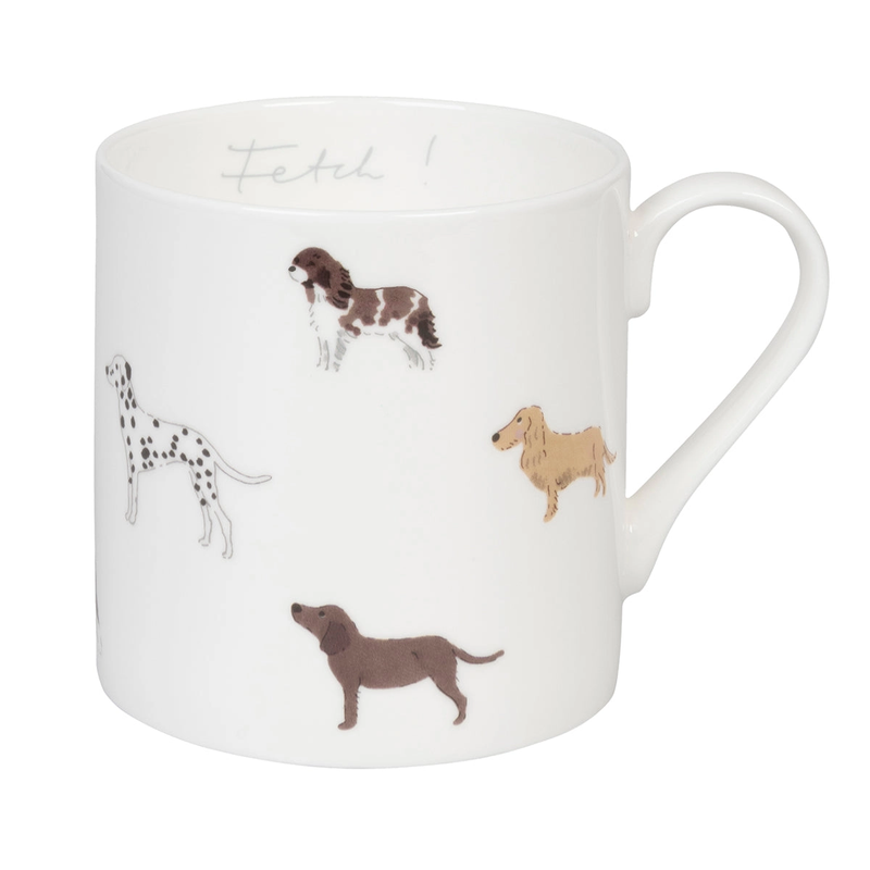 White mug with dog illustrations on a white background