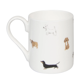 White mug with dog illustrations on a white background
