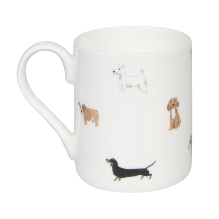 White mug with dog illustrations on a white background