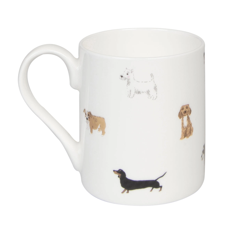White mug with dog illustrations on a white background