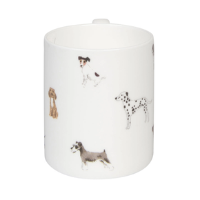 White mug with dog illustrations on a white background