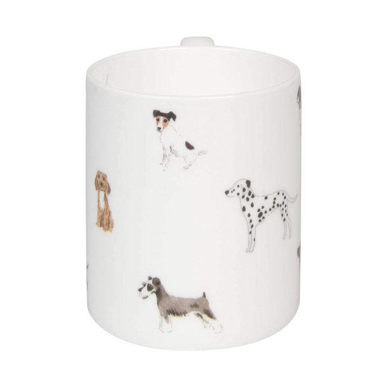 White mug with dog illustrations on a white background