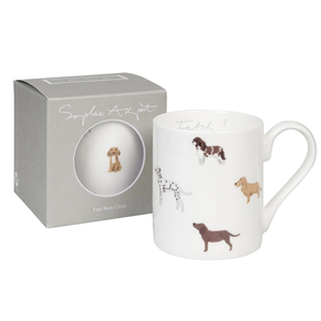 White mug with dog illustrations and packaging on a white background