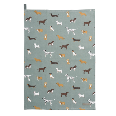 Tea towel with dog pattern on a blue background