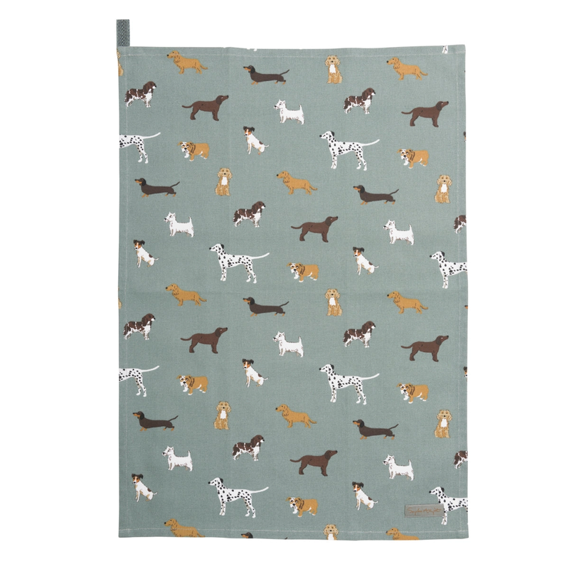 Tea towel with dog pattern on a blue background