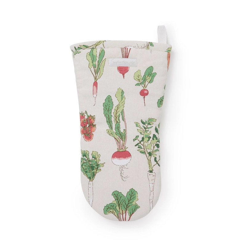 Oven mitt with vegetable pattern on a white background