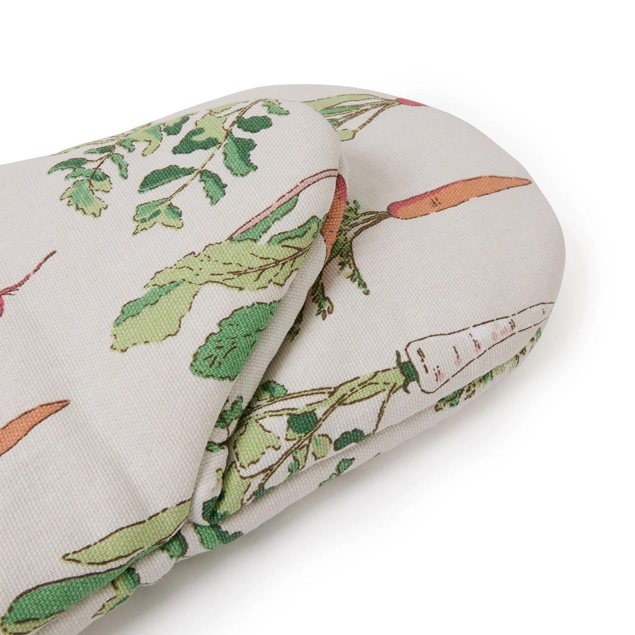Oven mitt with vegetable pattern on a white background