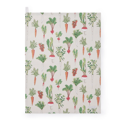 Patterned tea towel with illustrations of vegetables on a white background