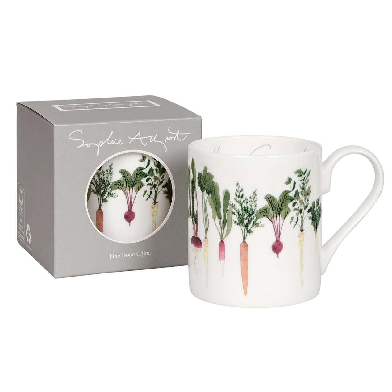 Mug with vegetable design in a box packaging on a white background