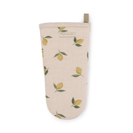 Beige oven mitt with lemon pattern on a white background