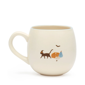 White mug with cat and bird illustrations on a white background