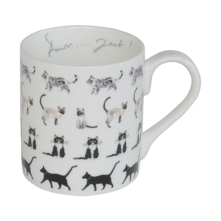 White mug with black cat illustrations on a white background