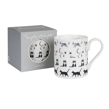 White mug with black cat pattern and packaging on a white background