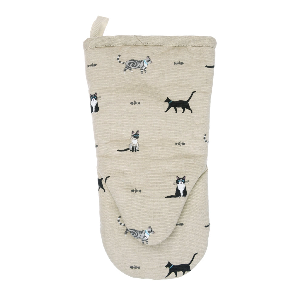 Beige oven mitt with cat pattern on a white background