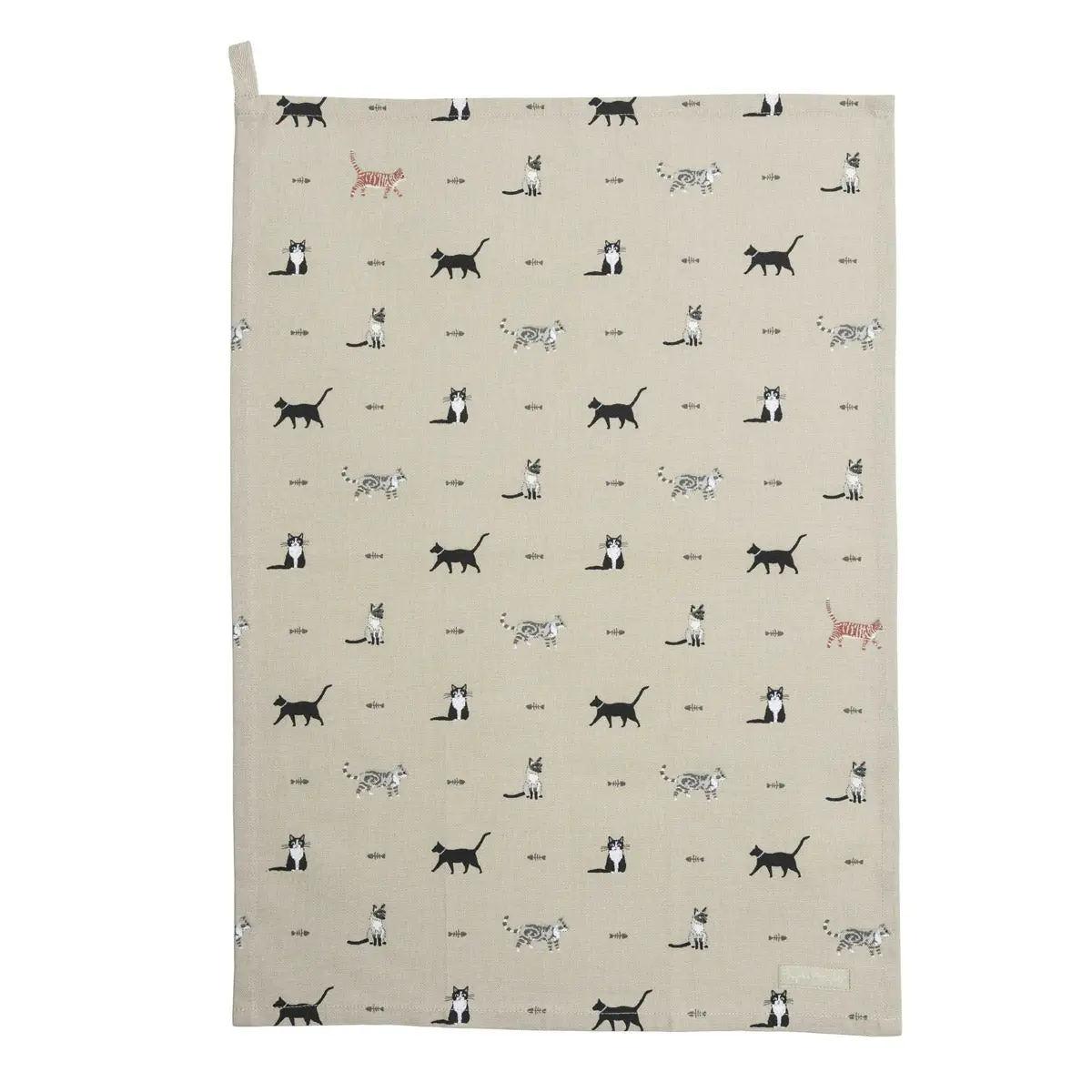 Beige towel with black and white cat pattern on a white background