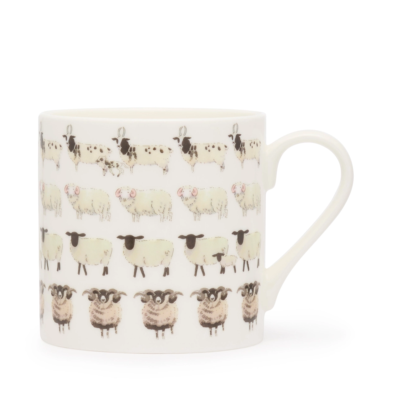 White mug with black and white sheep pattern on a white background