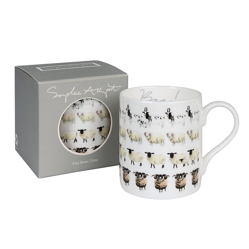 Mug with sheep pattern and packaging on a white background