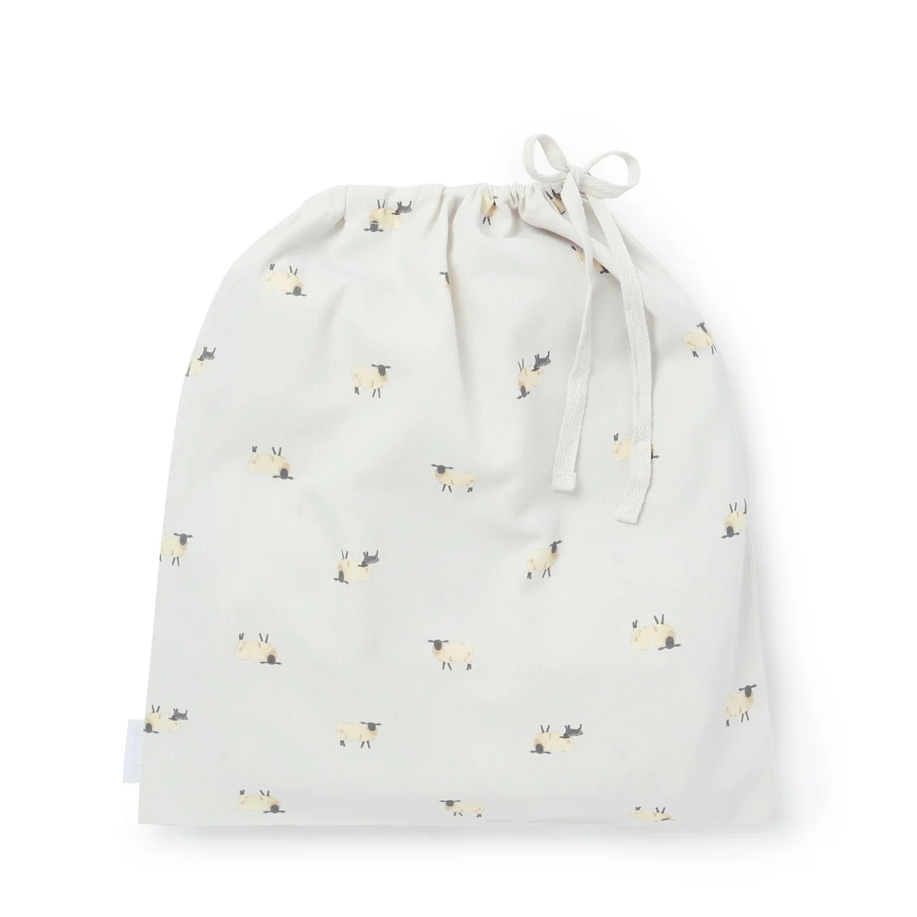 Light grey drawstring bag with small sheep pattern on a white background
